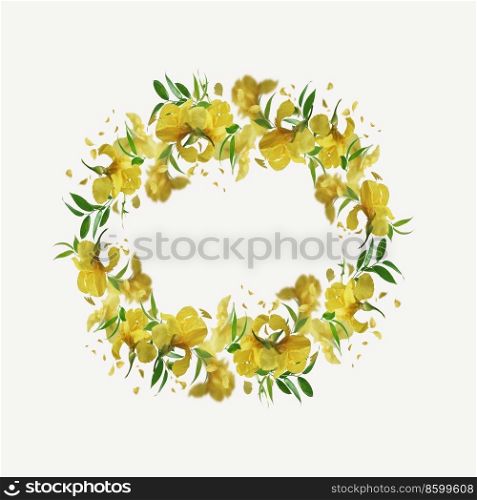 Circle frame of yellow iris flowers, petals and green leaves at white background. Beautiful floral wreath.