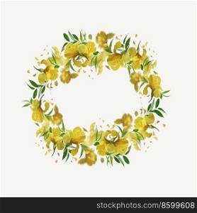 Circle frame of yellow iris flowers, petals and green leaves at white background. Beautiful floral wreath.