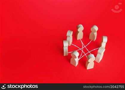 Circle of connected people. Collaborate and cooperate in a group. Communication within the team. Teamwork. Negotiation dialogue. Business meeting. Consolidation. Circle of friends. Mutual relations