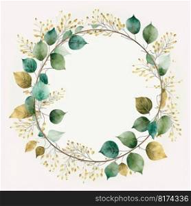 Circle shape frame of gold and green leaves with watercolor painting isolated on white background. Theme of vintage minimal art design in geometric. Finest generative AI.. Circle frame of gold and green leaves with watercolor painting.