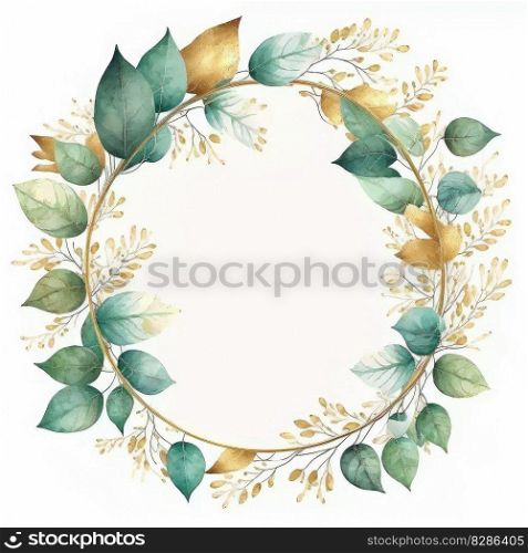 Circle shape frame of gold and green leaves with watercolor painting isolated on white background. Theme of vintage minimal art design in geometric. Finest generative AI.. Circle frame of gold and green leaves with watercolor painting.