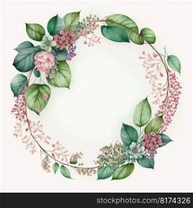 Circle shape frame of pink flower and green leaves with watercolor painting isolated on white background. Theme of vintage minimal art design in geometric. Finest generative AI.. Circle frame of pink flower and green leaves with leave watercolor painting.