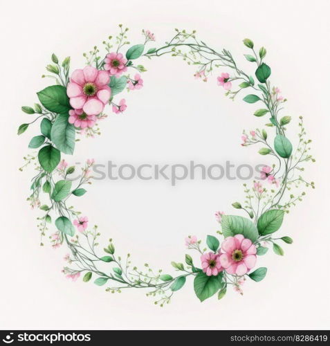 Circle shape frame of pink flower and green leaves with watercolor painting isolated on white background. Theme of vintage minimal art design in geometric. Finest generative AI.. Circle frame of pink flower and green leaves with leave watercolor painting.