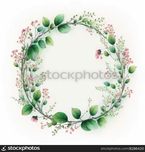 Circle shape frame of pink flower and green leaves with watercolor painting isolated on white background. Theme of vintage minimal art design in geometric. Finest generative AI.. Circle frame of pink flower and green leaves with leave watercolor painting.