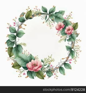 Circle shape frame of pink flower and green leaves with watercolor painting isolated on white background. Theme of vintage minimal art design in geometric. Finest generative AI.. Circle frame of pink flower and green leaves with leave watercolor painting.