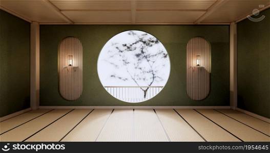 Circle shelf wall design, green empty room japanese deisgn, tatami mat floor. 3D rendering