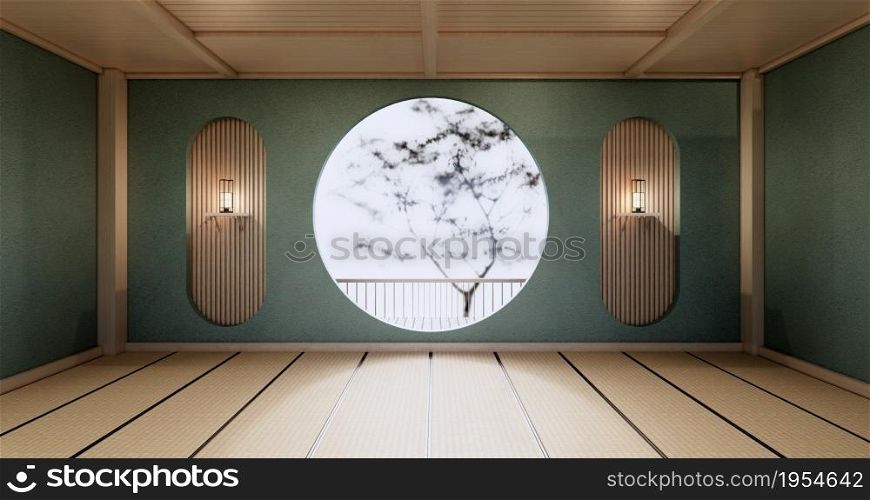 Circle shelf wall design, mint empty room japanese deisgn, tatami mat floor. 3D rendering
