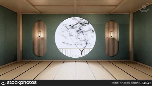 Circle shelf wall design, mint empty room japanese deisgn, tatami mat floor. 3D rendering