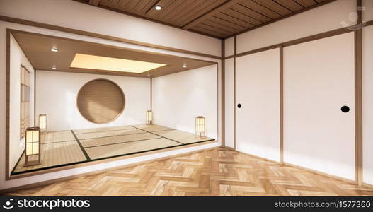 Circle shelf wall design on empty Living room japanese deisgn with tatami mat floor. 3D rendering