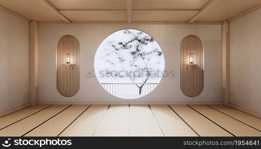 Circle shelf wall design on empty Living room japanese deisgn with tatami mat floor. 3D rendering