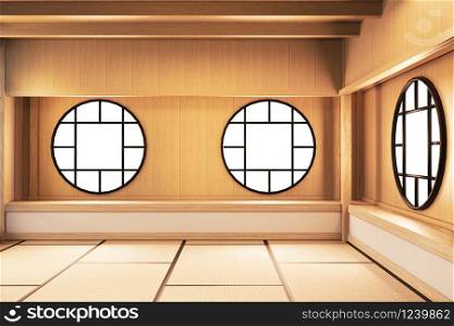 Circle window design on Empty room white on tatami floor japanese interior design.3D rendering