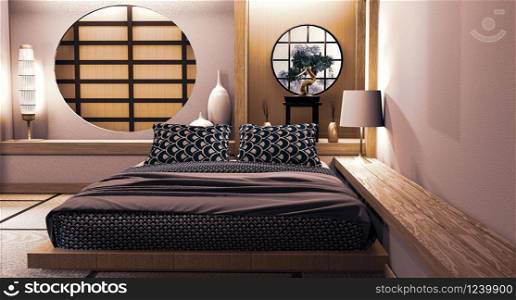 Circle window japanese wall design on bedroom japanese style.3D rendering