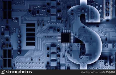 Circuit board background. Circuit board blue background with dollar currency sign