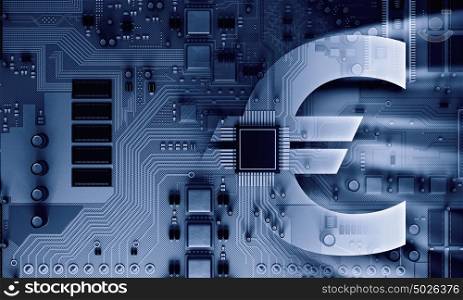 Circuit board background. Circuit board blue background with euro currency sign
