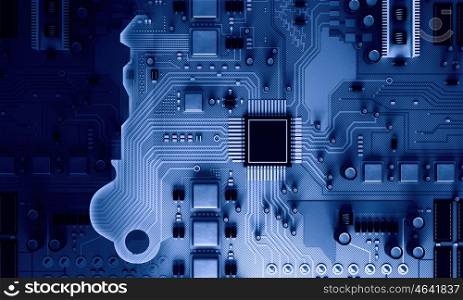 Circuit board blue background . Background image with system motherboard concept