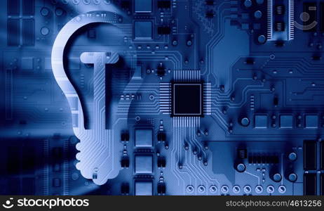 Circuit board blue background . Background image with system motherboard concept and bulb sign