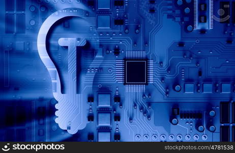 Circuit board blue background . Background image with system motherboard concept and bulb sign