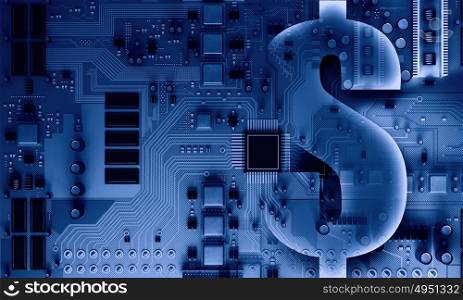 Circuit board blue background . Background image with system motherboard concept and dollar sign