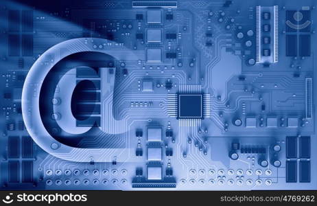 Circuit board blue background . Background image with system motherboard concept and email symbol