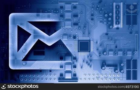 Circuit board blue background . Background image with system motherboard concept and email symbol