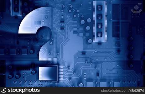 Circuit board blue background . Background image with system motherboard concept and question mark