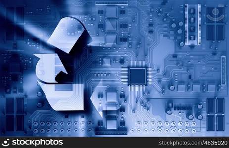 Circuit board blue background . Background image with system motherboard concept and recycle sign