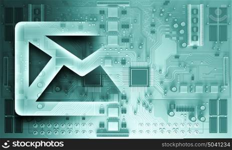 Circuit board blue background. E-mail sign on a blue printed circuit board for electronic components