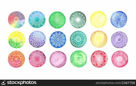 Circular watercolor pattern set of traditional motifs and ancient oriental ornaments.Hand drawn background. Can be used for banner, invitation, wedding card.. Round ornament pattern set.
