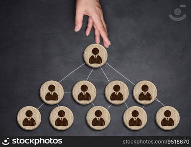 Circular wooden plaques with personnel icons and a hand, representing the concept of organizational structure and hierarchy in business