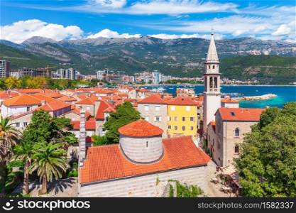 Citadel and the tower of St John the Baptists Church, Budva old town aerial view, Montenegro.. Citadel and the tower of St John the Baptists Church, Budva old town aerial view, Montenegro