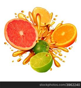 Citrus fruit splash symbol with a group of fresh oranges lemons lime tangerines and grapefruit splashing in juice for healthy living eating organic juicy health food full of natural vitamins in a 3D illustration style.