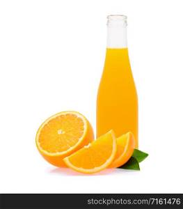 Citrus fruit with a bottle of orange juice isolated on white background.