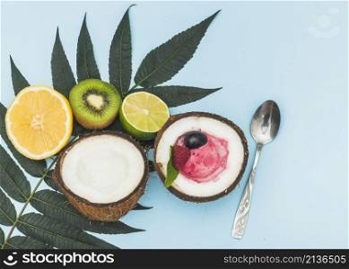 citrus fruits kiwi halved coconut with ice cream scoop spoon blue background