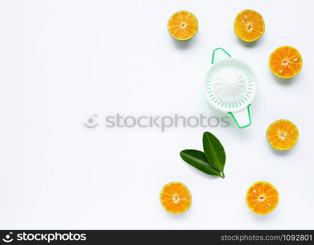 Citrus orange juicer with oranges on white background.