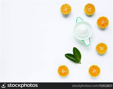 Citrus orange juicer with oranges on white background.