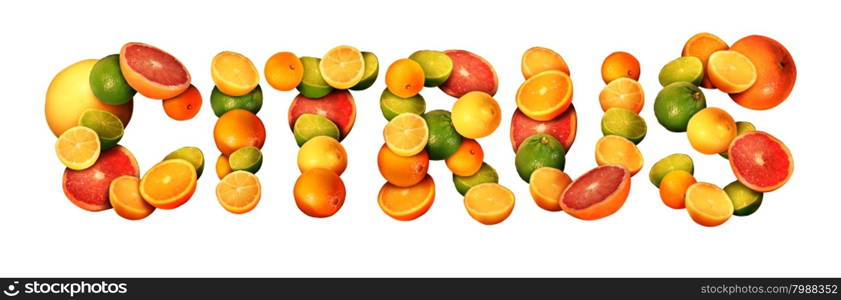 Citrus text concept as a group of fruit with oranges lemons lime tangerines and grapefruit as a symbol of healthy eating and immune system boost with natural vitamins isolated on a white background.