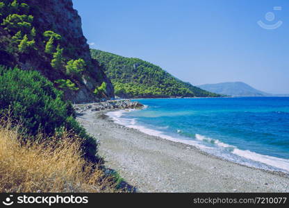 City Athens, Greek Republic. Beach and blue water. Green nature 14. Sep. 2019.