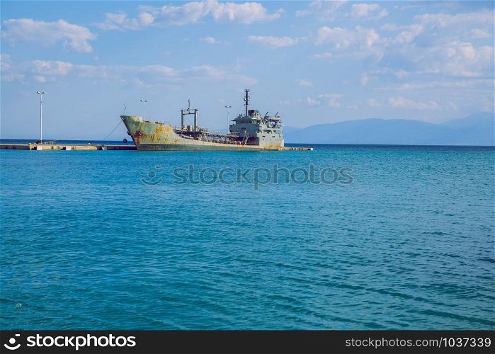 City Athens, Greek Republic. Big ship standing at berth, sunny weather. 13. Sep. Travel photo.