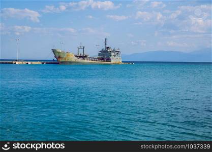 City Athens, Greek Republic. Big ship standing at berth, sunny weather. 13. Sep. Travel photo.