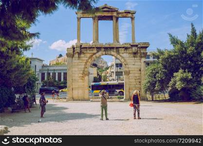 City Athens, Greek Republic. Historic building ruins. Tourists and city streets.11. Sep. 2019