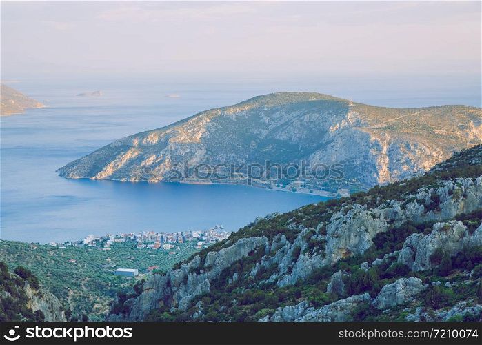 City Athens, Greek Republic. Mountains and water, blue sea. 13. Sep. 2019. Travel photo.