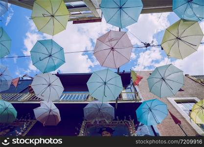 City Athens, Greek Republic. Urban city street with umbrellas. 11. Sep. 2019. Travel photo.