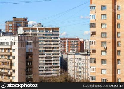 city building in living quarter in sunny spring day, Moscow, Russia