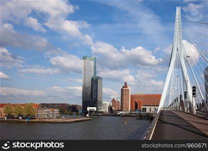 City centre of Rotterdam, view from the Erasmus Bridge (Erasmusbrug) on Nieuwe Maas (New Meuse) river in Netherlands.