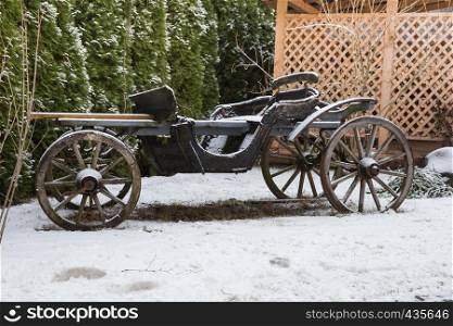 City Cesis, Latvia. Old horse cart at street, antique retro transport. Travel photo 2019. 1. january.
