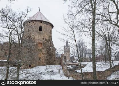 City Cesis, Latvia. Old town castles, park and urban view. Winter and snow. Travel photo 2018, 31. december.