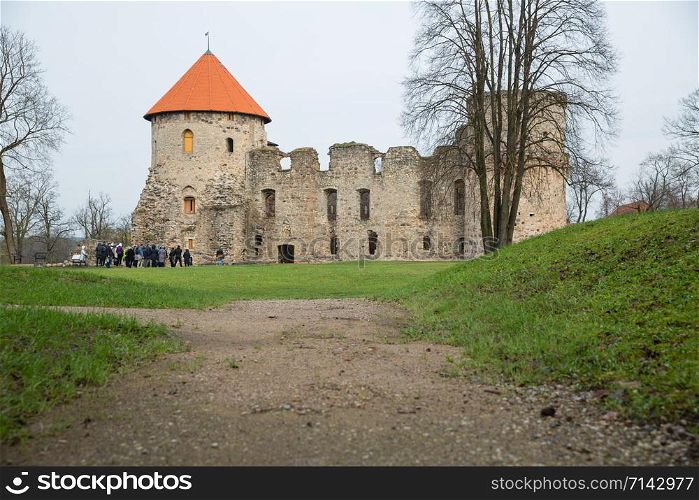 City Cesis, Latvia Republic. 13th century castle with park in late autumn. Historic building. 2. November 2019.