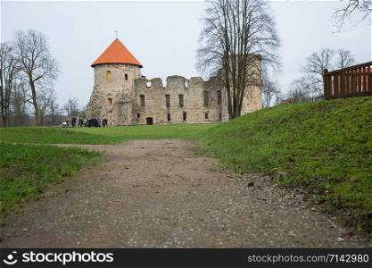 City Cesis, Latvia Republic. 13th century castle with park in late autumn. Historic building. 2. November 2019.