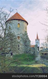 City Cesis, Latvia Republic. 13th century castle with park in winter. 11.01.2020