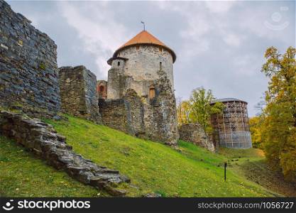 City Cesis, Latvia Republic. Old castle and rocks, autumn. Historic architecture. 12. okt.